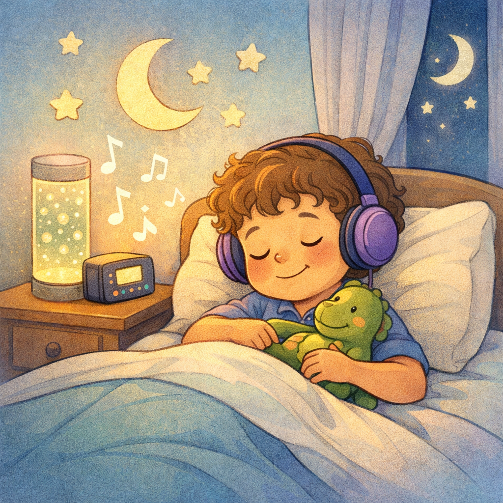 Child with autism sleeping peacefully in a cozy bedroom with soft lighting.