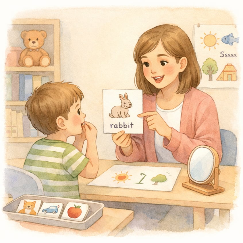 Speech therapist guiding a child through language exercises using visual prompts.