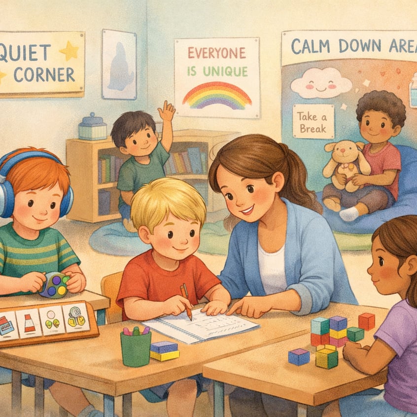 Teacher assisting student individually – A teacher providing one-on-one support to a student with autism and ADHD during a classroom activity.