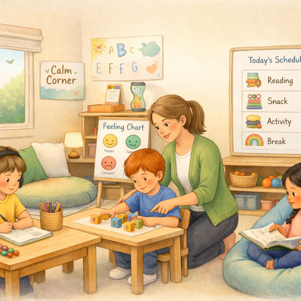 Supportive learning environment – A calm classroom space with minimal distractions designed to support children with developmental differences.