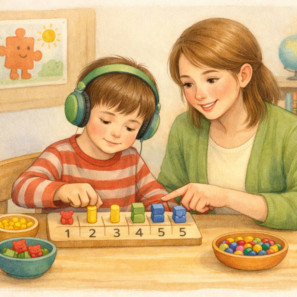 Teacher guiding an autistic student through a hands-on counting activity with colorful objects.