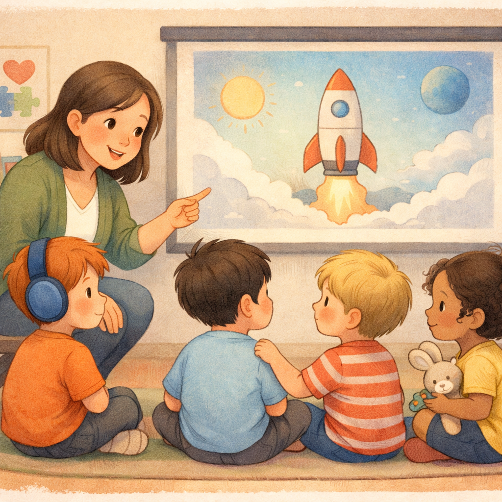 Classroom scene where a teacher plays an educational movie for students including autistic learners.