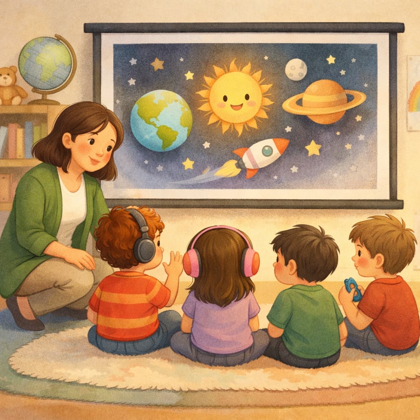 Teacher guiding autistic students during a short educational film session.