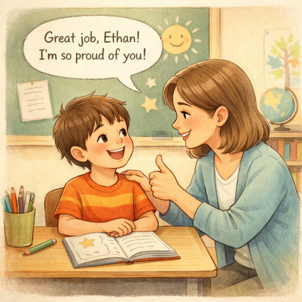 Teacher praising a child for positive behavior after completing a task.