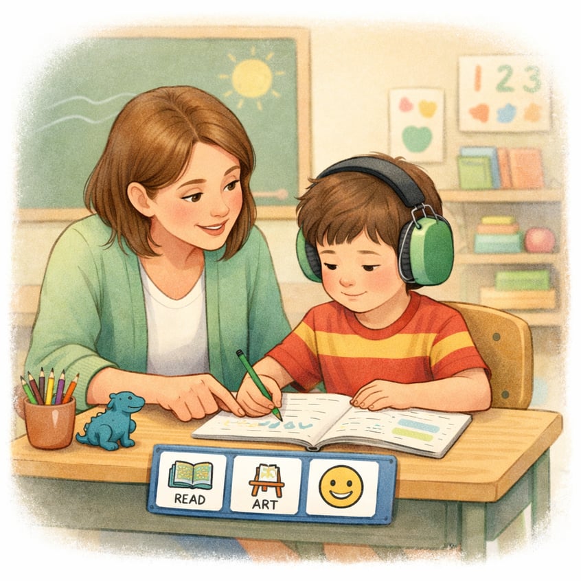 Child showing focus challenges – A child sitting at a desk struggling to focus on homework, illustrating attention difficulties linked to ADHD and autism.