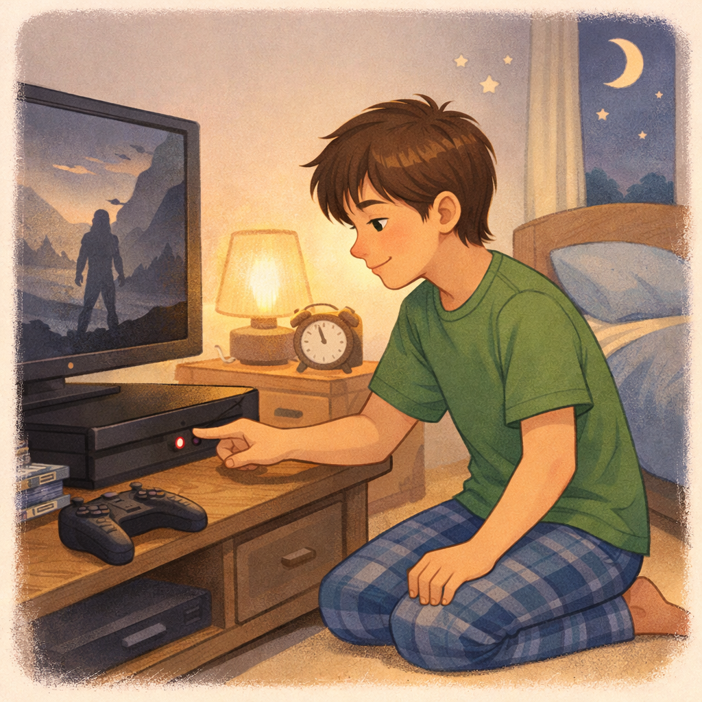 Teen turning off a gaming console before bedtime to support better sleep.