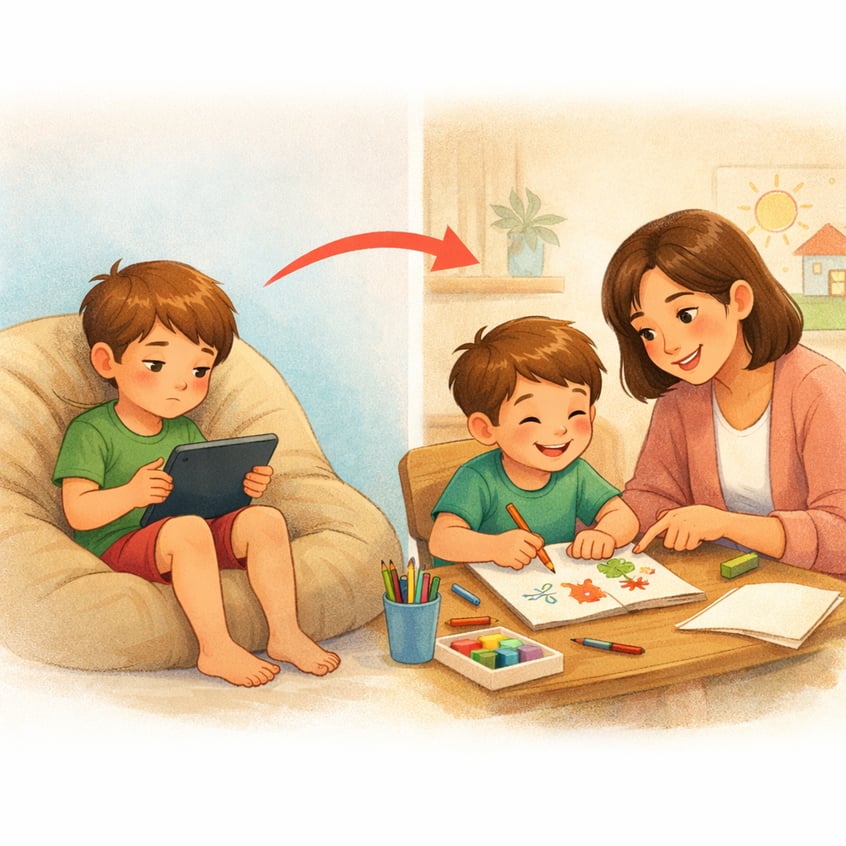 Therapist helping a child replace gadget time with creative activities like drawing.