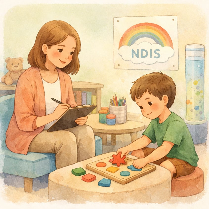 Therapist working with a child as part of an NDIS-funded support program.