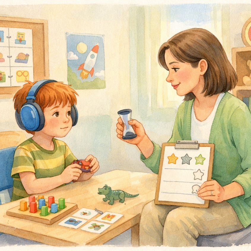 Therapist working with a child who has ADHD and autism during a structured session.