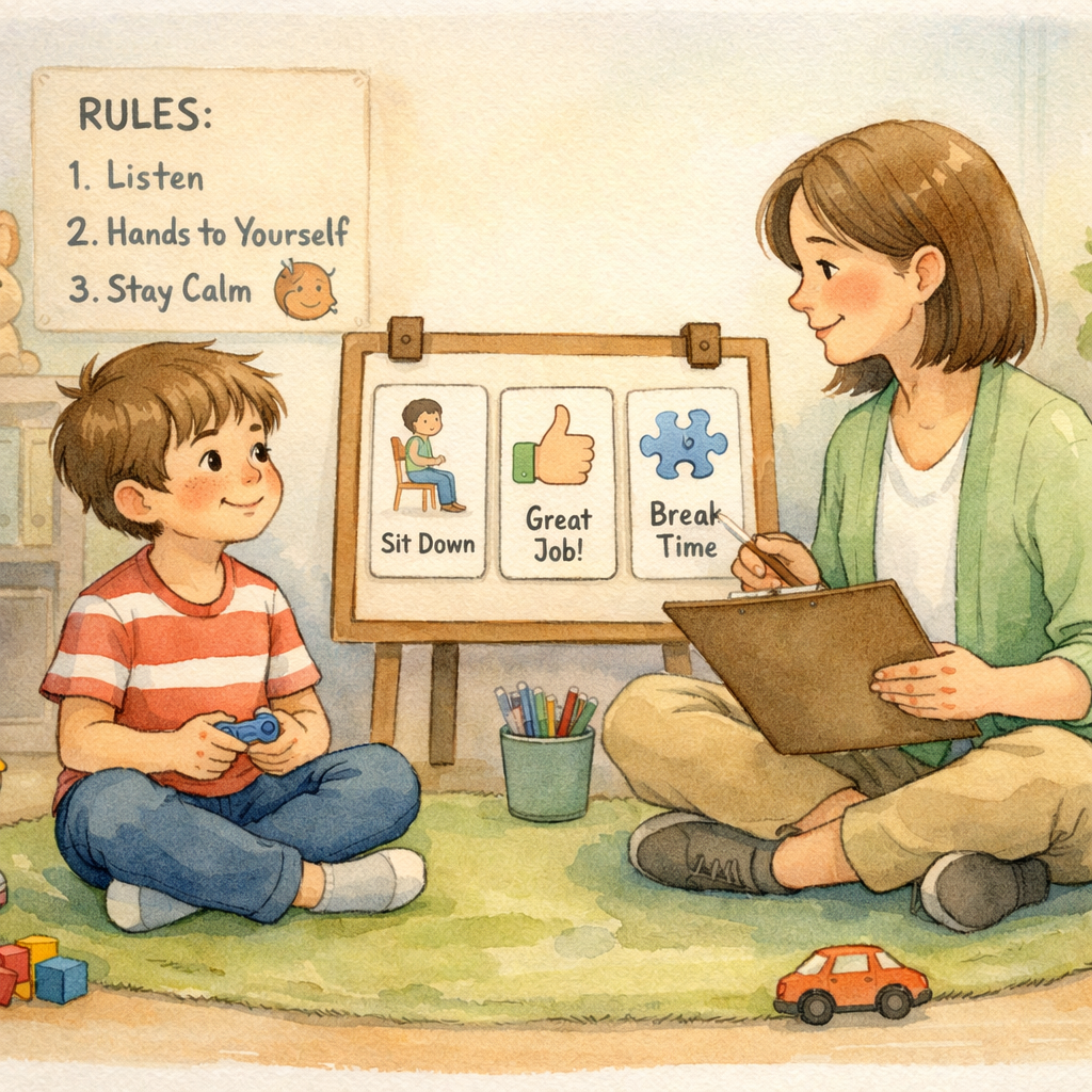 Therapy session for neurodevelopmental support – A therapist working with a child using behavioral strategies for both ADHD and autism.