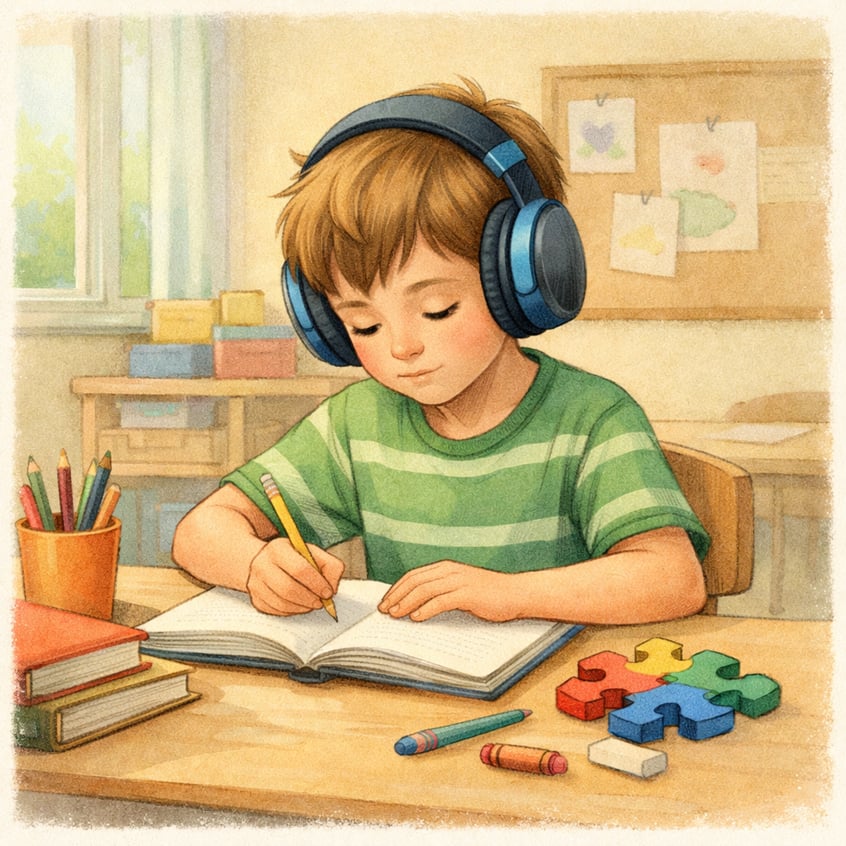 Young autistic student using noise-canceling headphones while focusing on schoolwork.