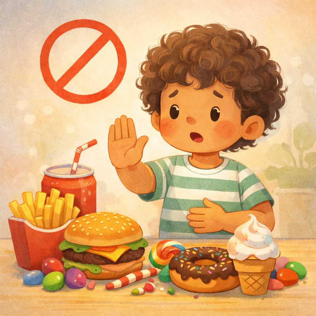 Fast food meal including fries, soda, and a burger used as an example of highly processed foods sometimes limited for children with autism.