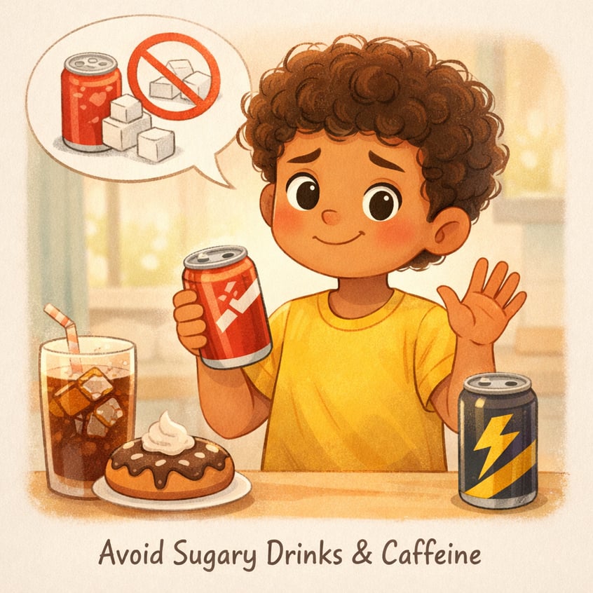 Sugary drinks such as soda and fruit-flavored beverages displayed as items some caregivers restrict for children with autism.