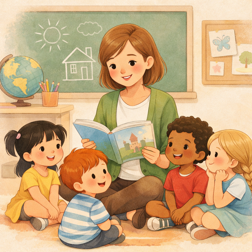 Small group of children working with a teacher using visual learning aids.