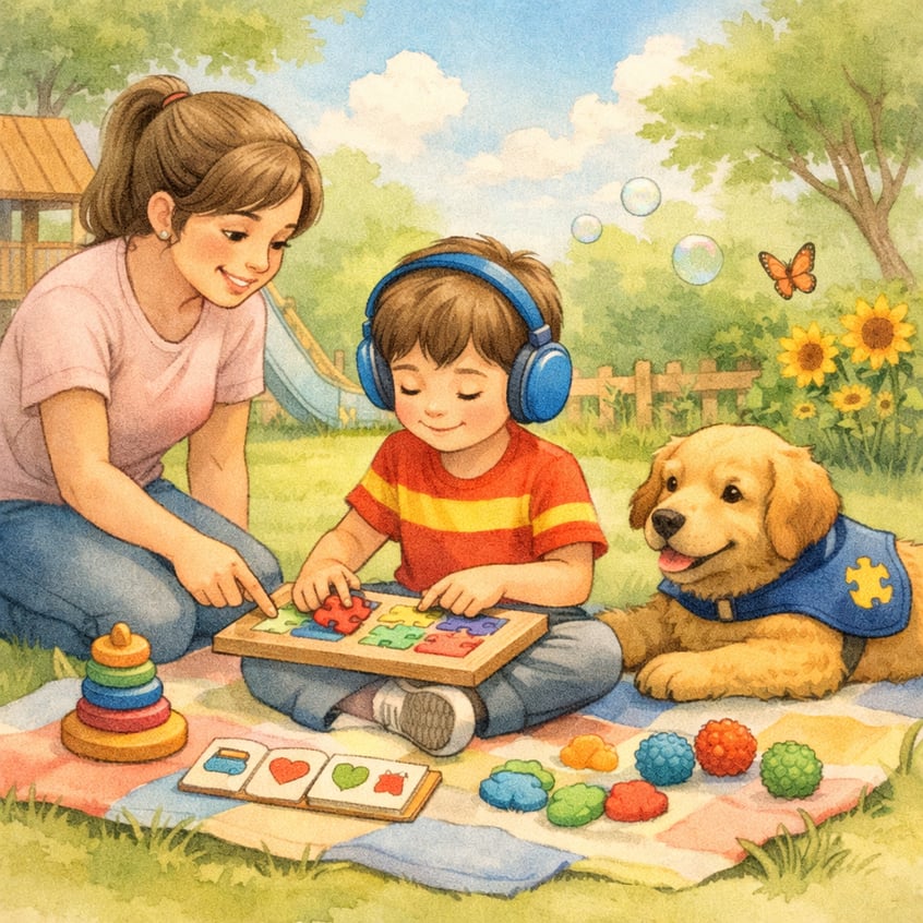 Family creating a balanced routine with screen time, outdoor play, and learning activities for a child with autism.