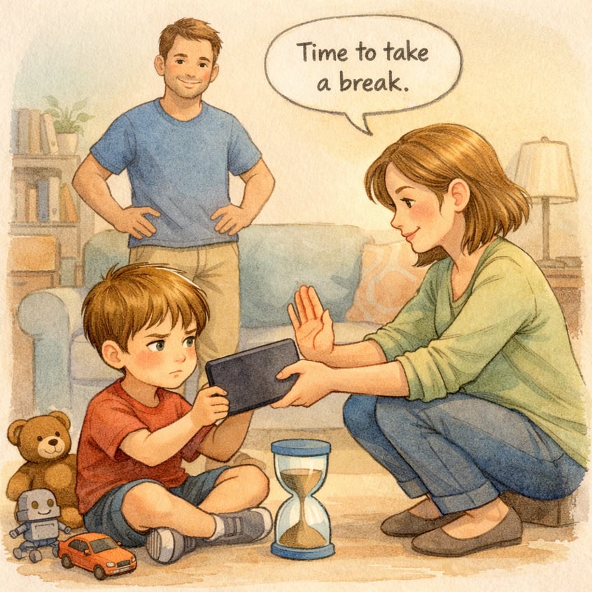 Parent setting screen time limits for a child using a digital device.