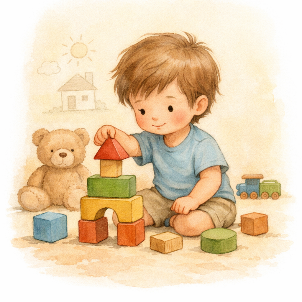 Child switching from a tablet to playing with building blocks.