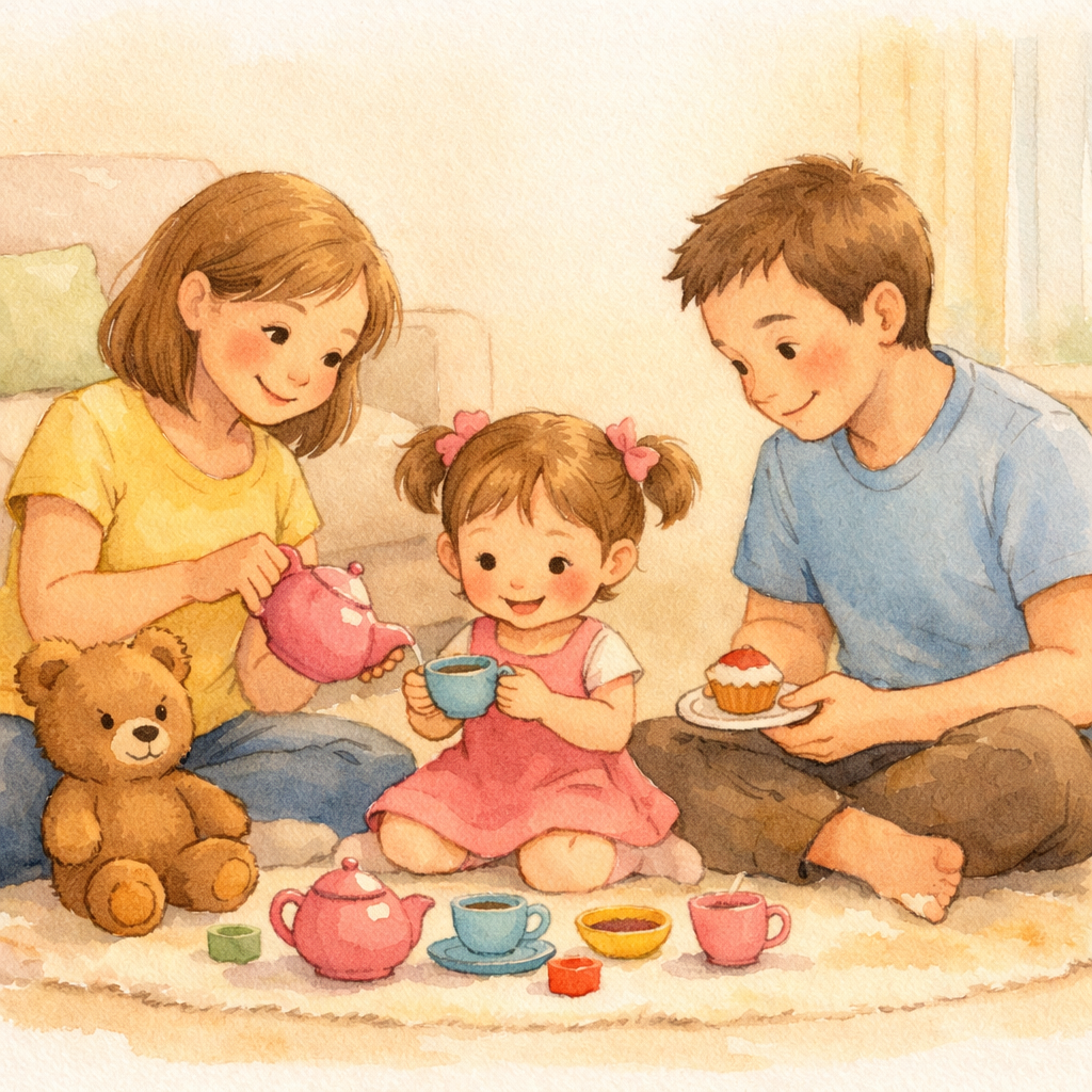 Parents and children smiling while pouring tea into small toy cups.