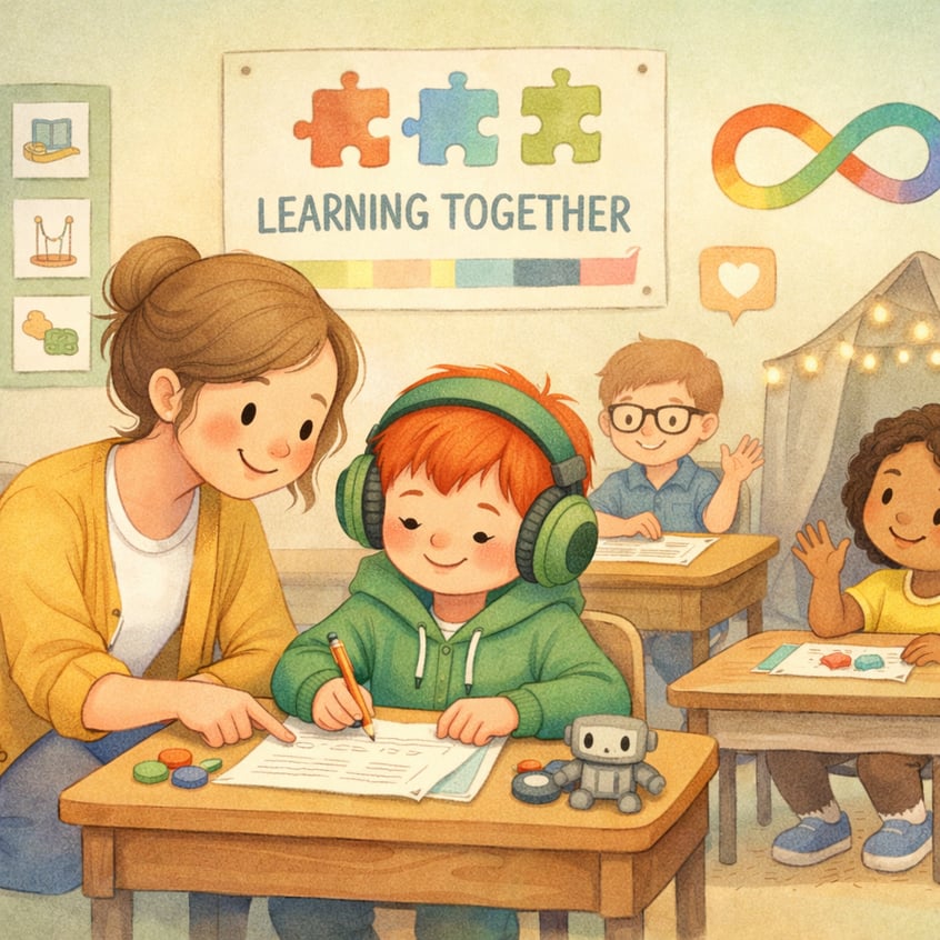 Special education teacher guiding a student with autism through a learning exercise.