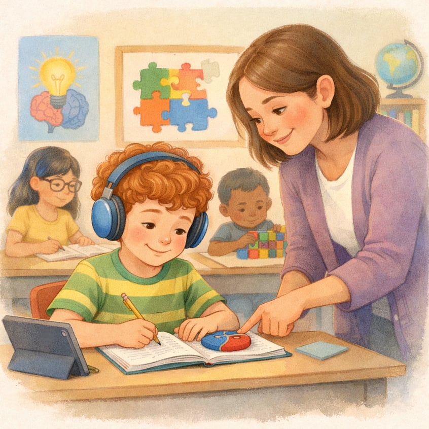 Teacher supporting a neurodiverse child with both ADHD and autism in the classroom.