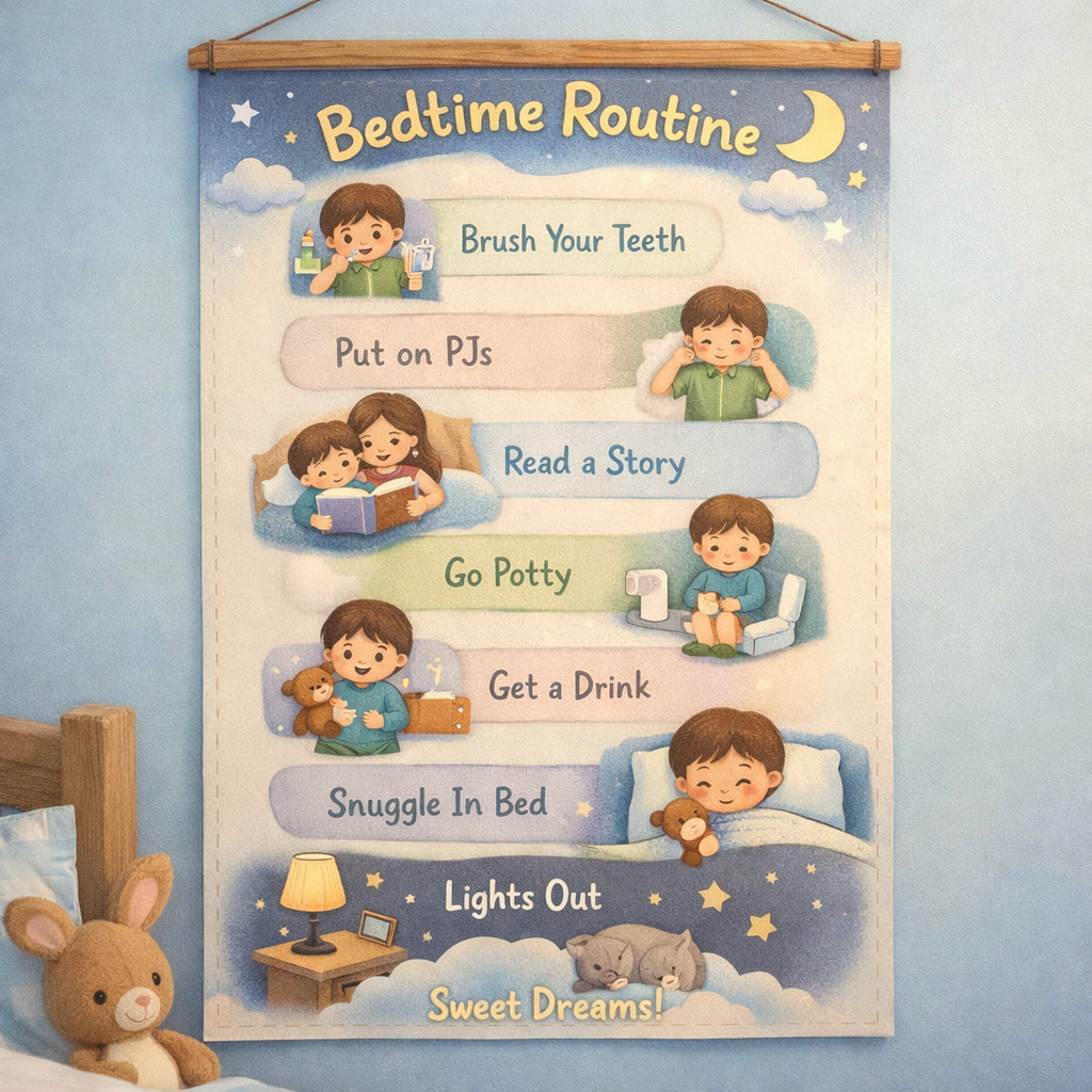 Bedtime routine chart on the wall guiding a child to sleep on time.