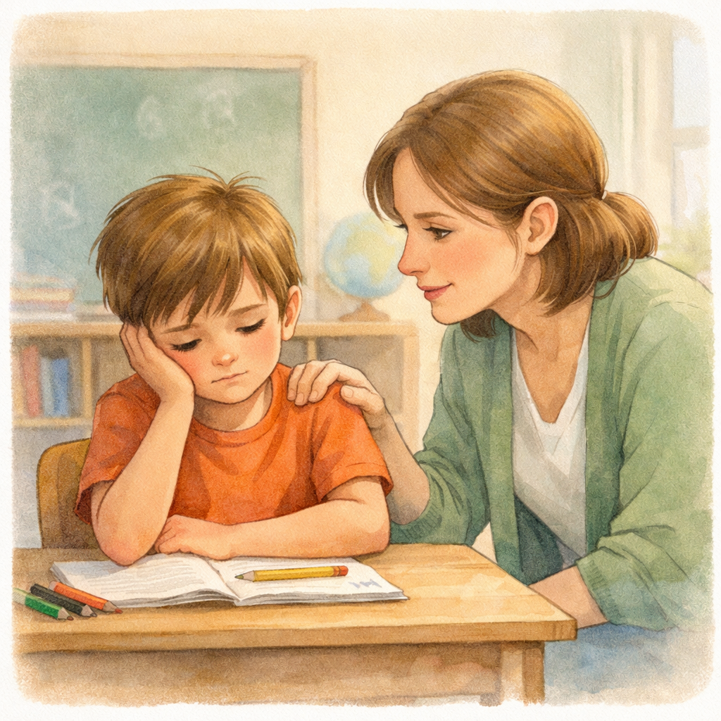 Teacher helping a student with autism improve focus during a lesson.