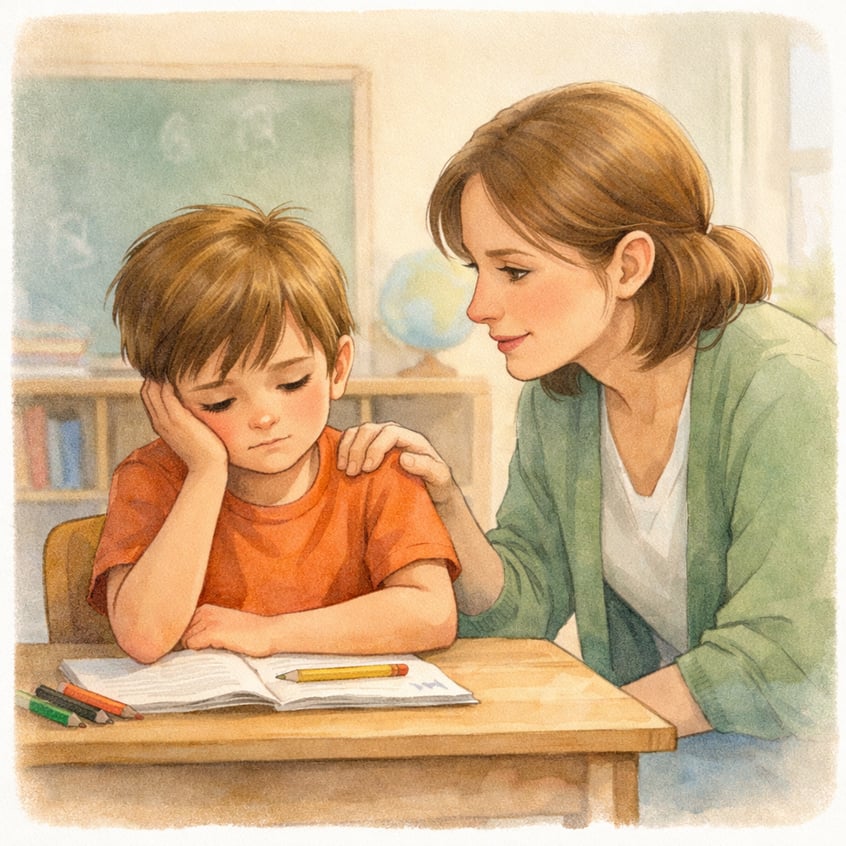 Child sitting quietly while a teacher provides supportive guidance.