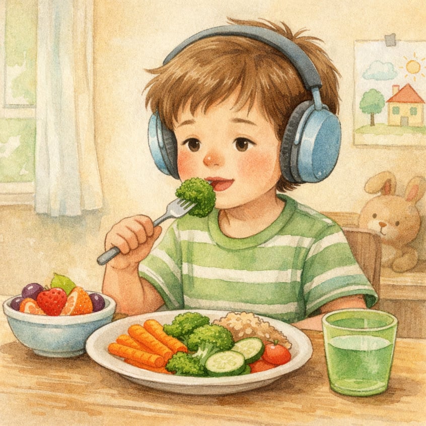 Child with autism trying fiber-rich foods during a structured mealtime routine.