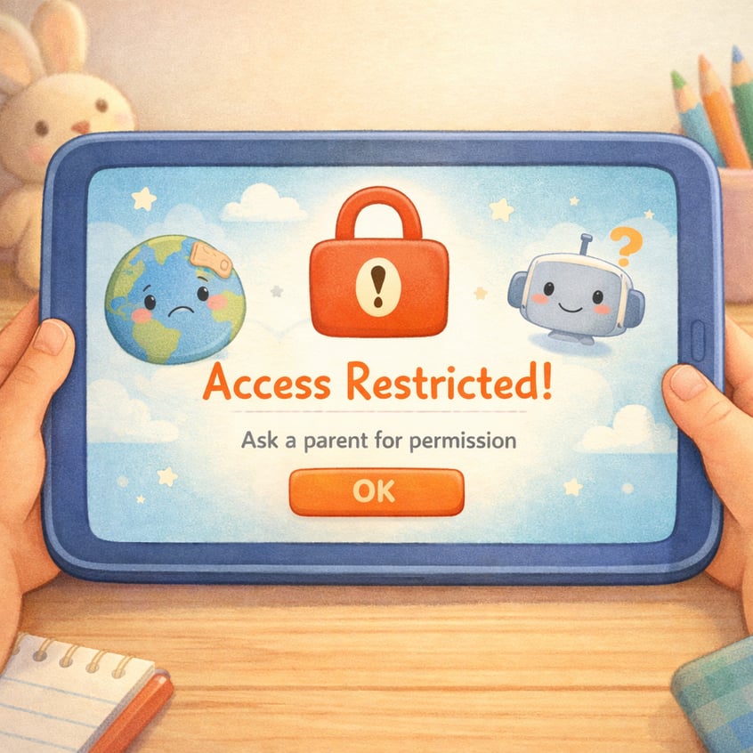 Tablet settings menu showing parental controls and screen time limits enabled