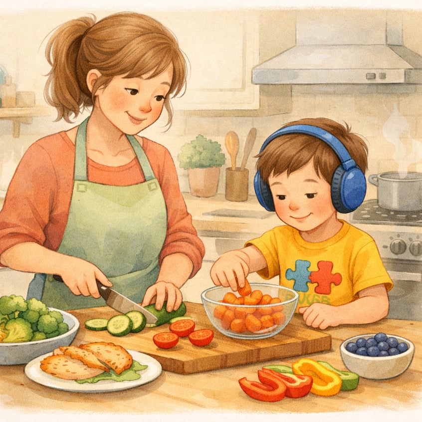Parent preparing a balanced meal while a child with autism watches and helps in the kitchen.