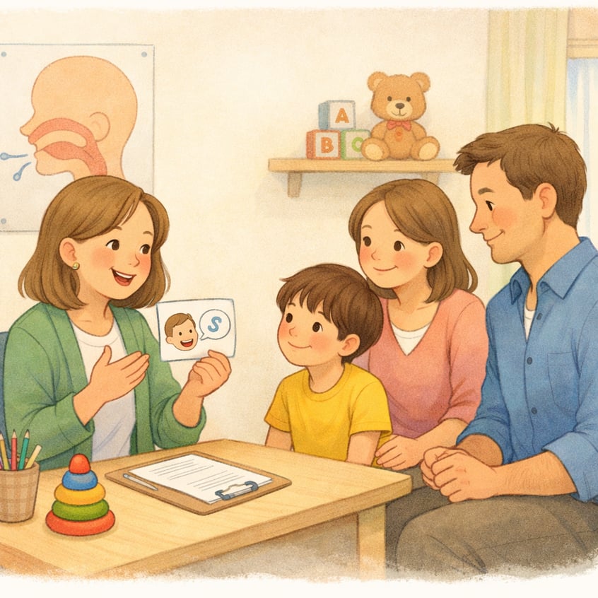 Family consulting a speech pathologist for communication support