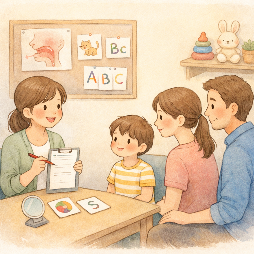 Family consulting a speech pathologist for communication support