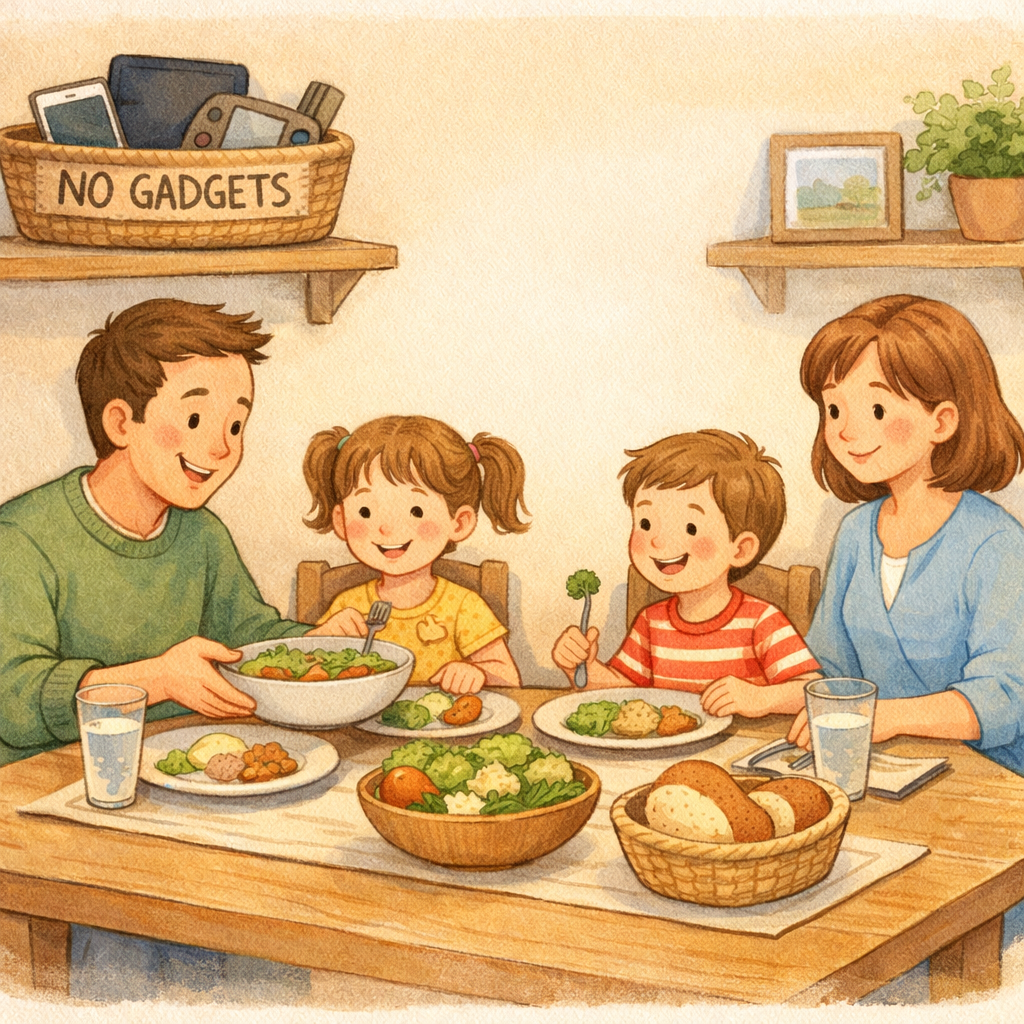 Family enjoying a gadget-free dinner while devices are kept out of reach.