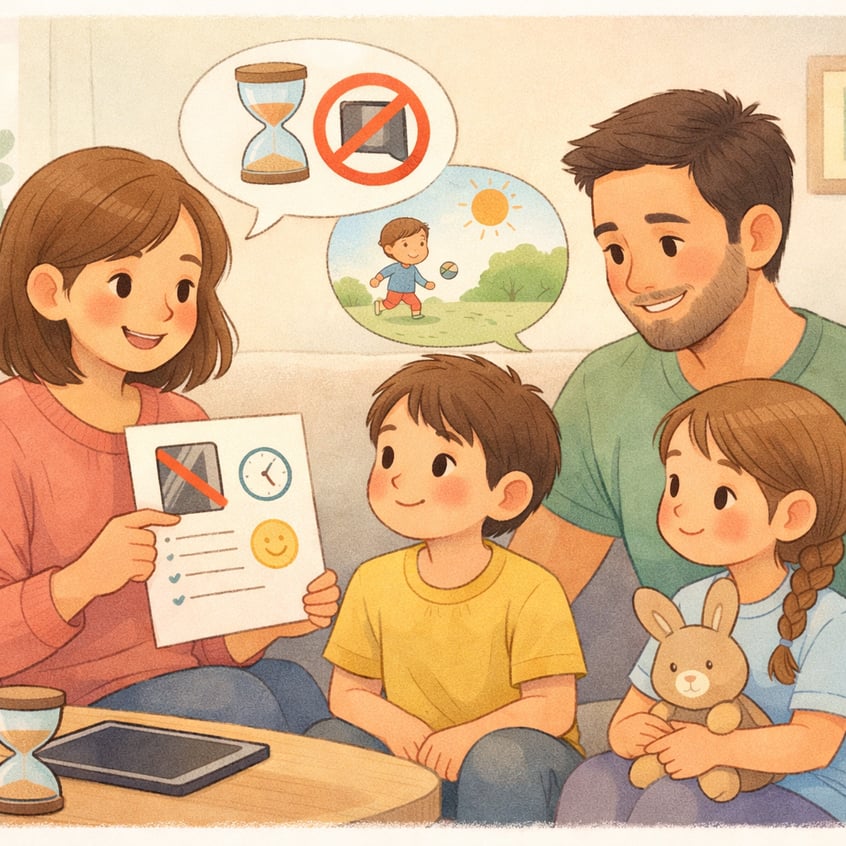 A family sitting together while a parent explains digital boundaries and screen time rules.