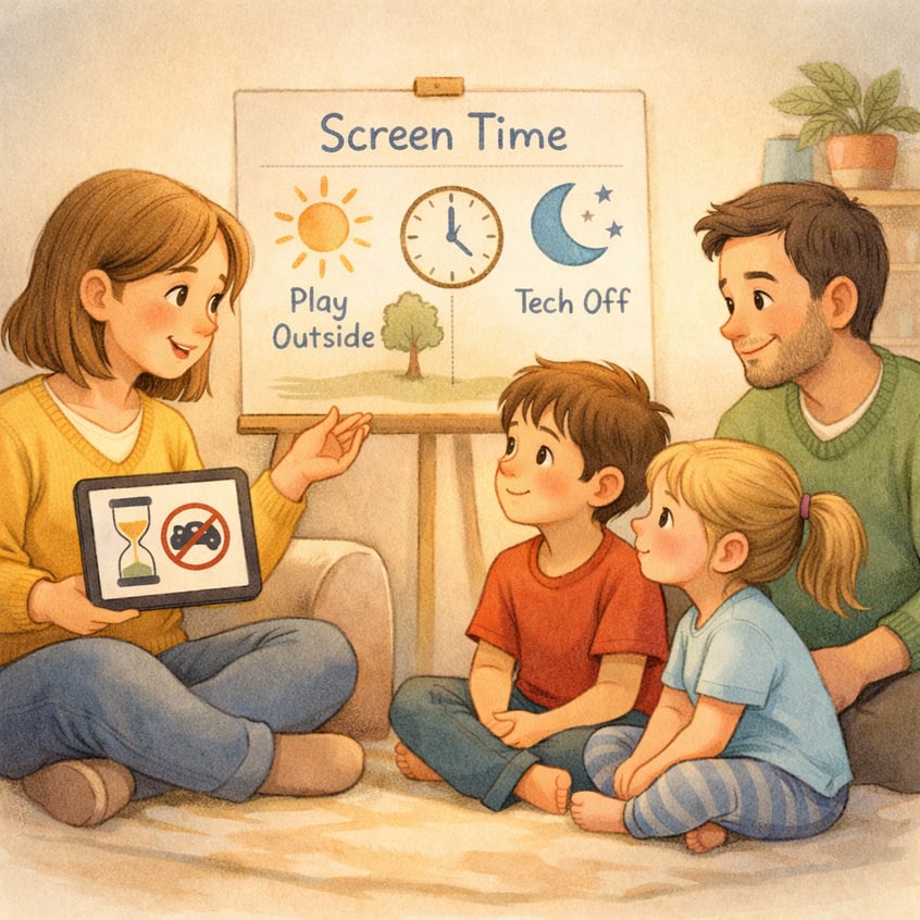 A family sitting together while a parent explains digital boundaries and screen time rules.