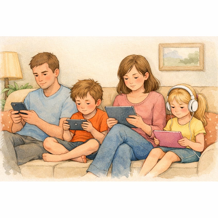 Family sitting together but each person absorbed in their own device