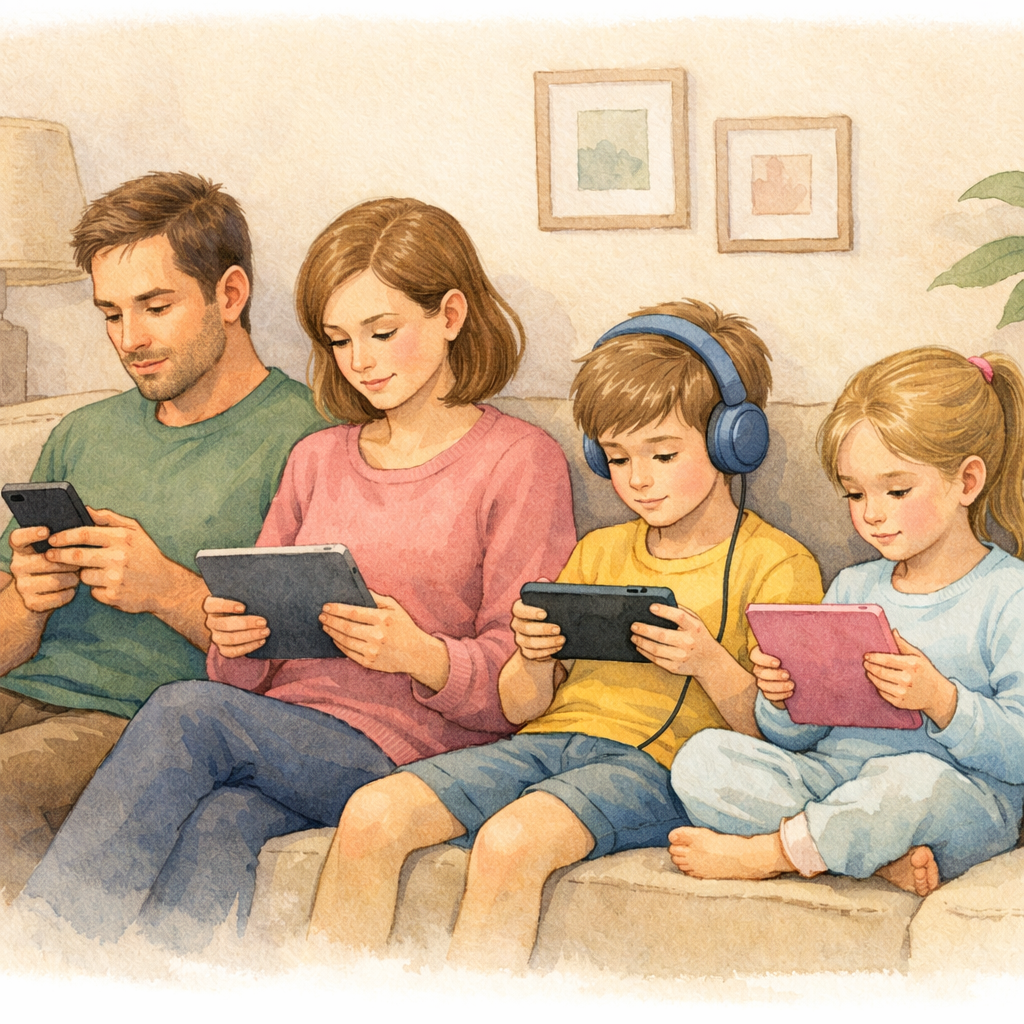 Family members gathered in the living room, each focused on their own gadget instead of interacting with one another.