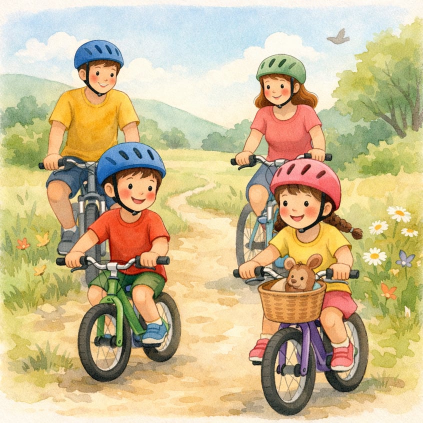 A child learning to ride a bicycle with training wheels, symbolizing coordination and independence.