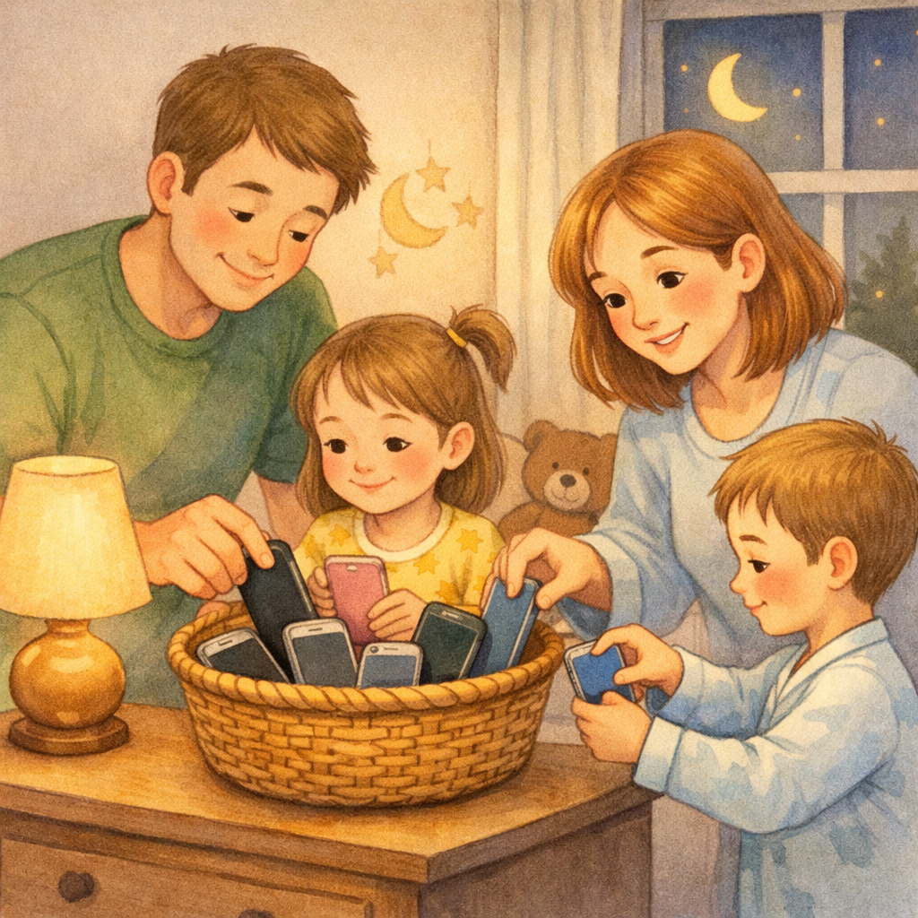 Family with Phones in Basket Before Sleep