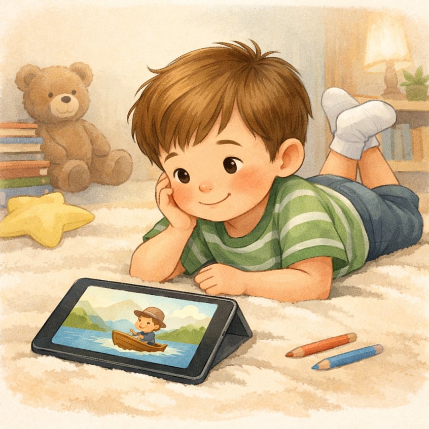 Kid Watching Videos on Tablet with Soft Color Gradients