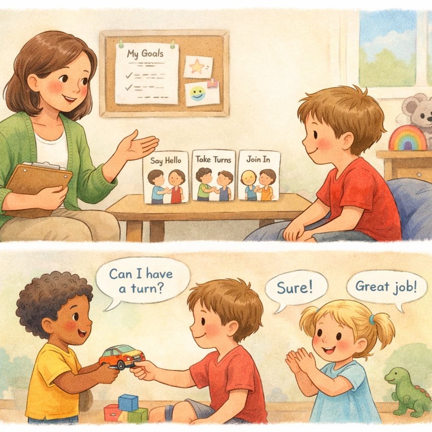 NDIS Therapist Guiding Child in Social Skills Practice-1