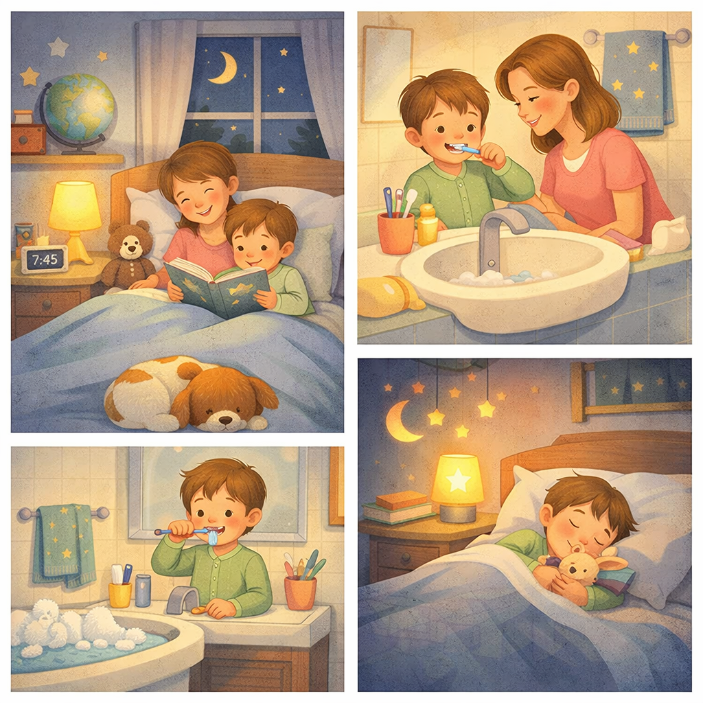 Nighttime Bedtime Routine in SoftColored Childrens Bedroom-1