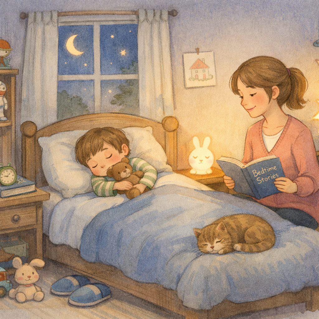 Parent reading a bedtime story to a child in a calm, dimly lit bedroom to promote healthy sleep habits.