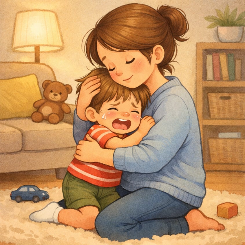 Parent Comforting Child with Hug in Cozy Living Room-1