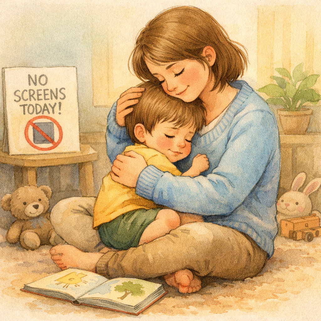 Parent comforting a toddler during a screen detox session, encouraging emotional bonding without devices.