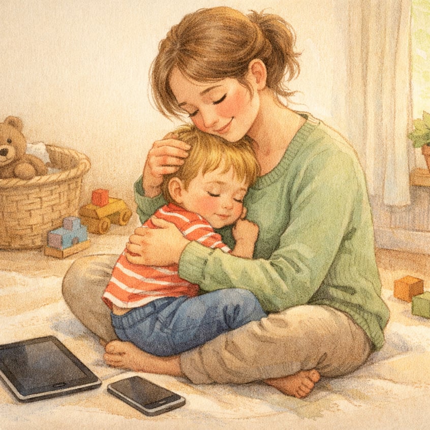 Parent comforting a toddler during a screen detox session, encouraging emotional bonding without devices.