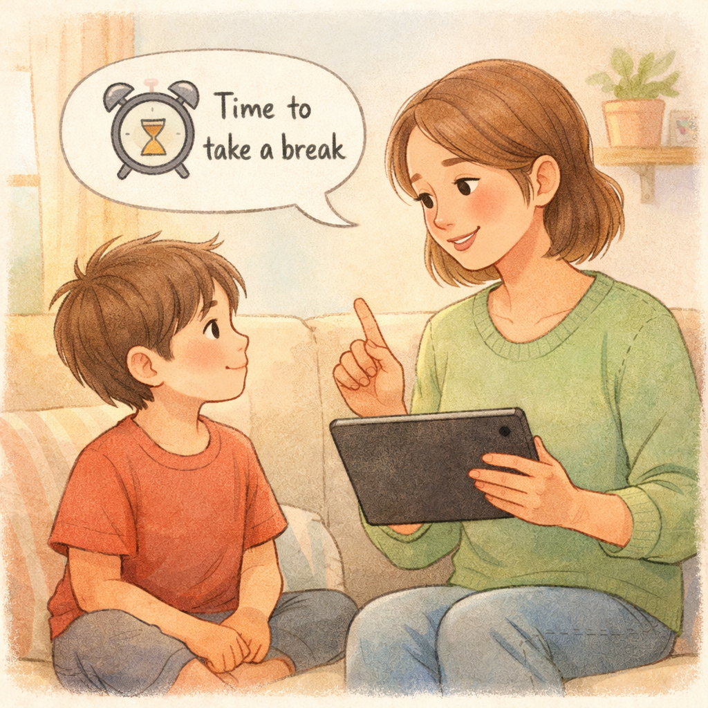 Parent Explaining Screen Time with Child and Tablet