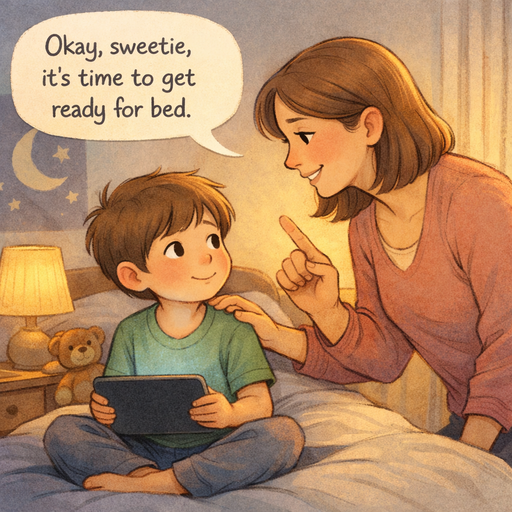 Parent Gently Reminding Child to Stop Device and Prepare for Bed