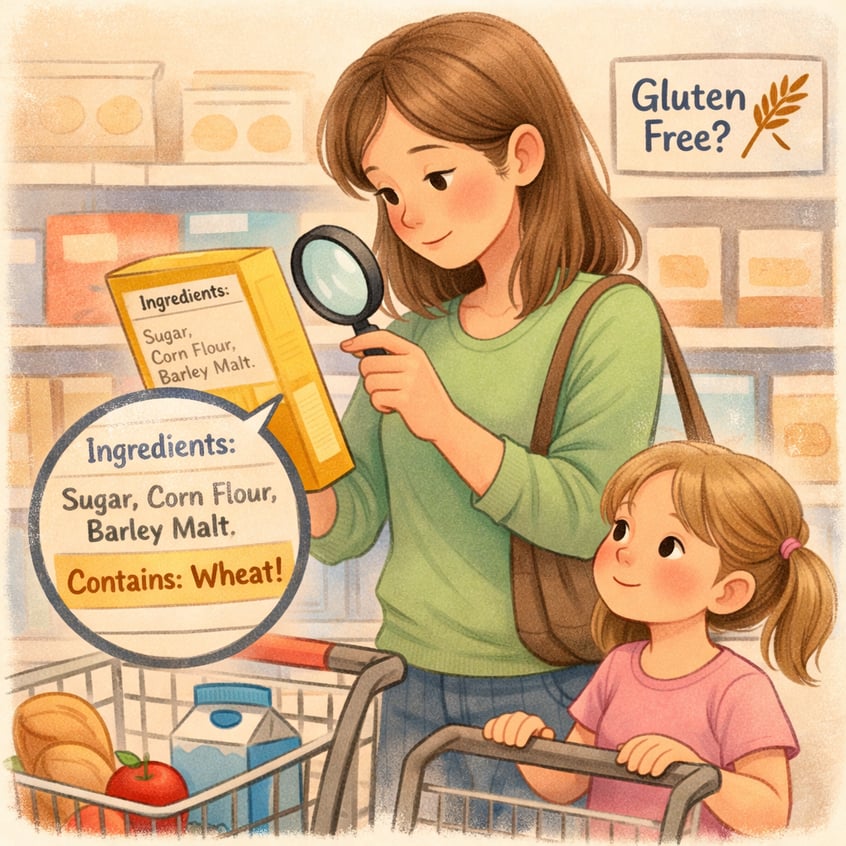 Parent Inspects Food Label for Gluten Ingredients