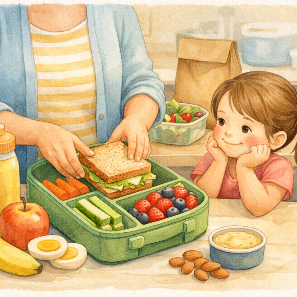 Parent Packing Healthy Lunchbox with Fresh Produce and Whole Grains